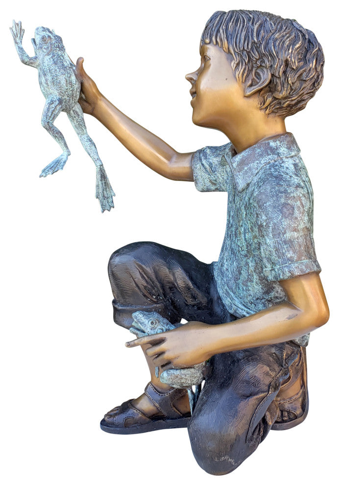 A Little Boy Playing with Two Frogs Bronze Statue Fountain  18" x 16" x 25"H