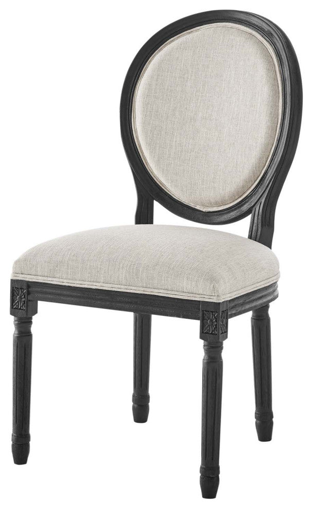 French Vintage Side Dining Chair, Fabric, Wood, Black Beige, Modern, Cafe Bistro