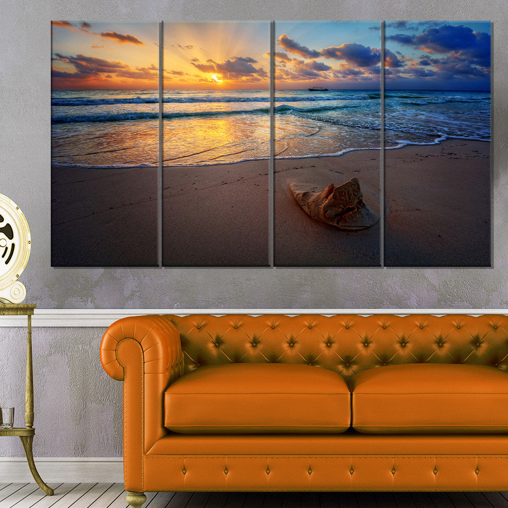 Quiet Seashore during Sunset, Seashore Canvas Art Print, 48"x28", 4 Panels