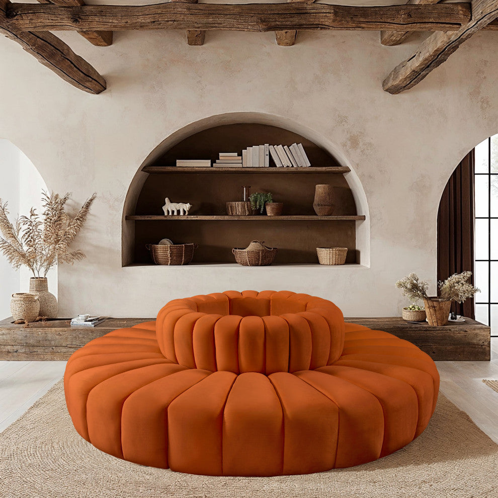 Arc Upholstered Outward Curved Modular Sectional, Cognac, 8-Piece: Reverse Corner (8), Velvet