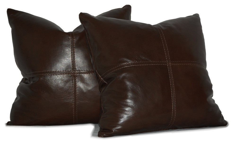 Square Genuine Leather Accent Throw Pillows, Set of 2, Dark Chocolate Brown, 22"