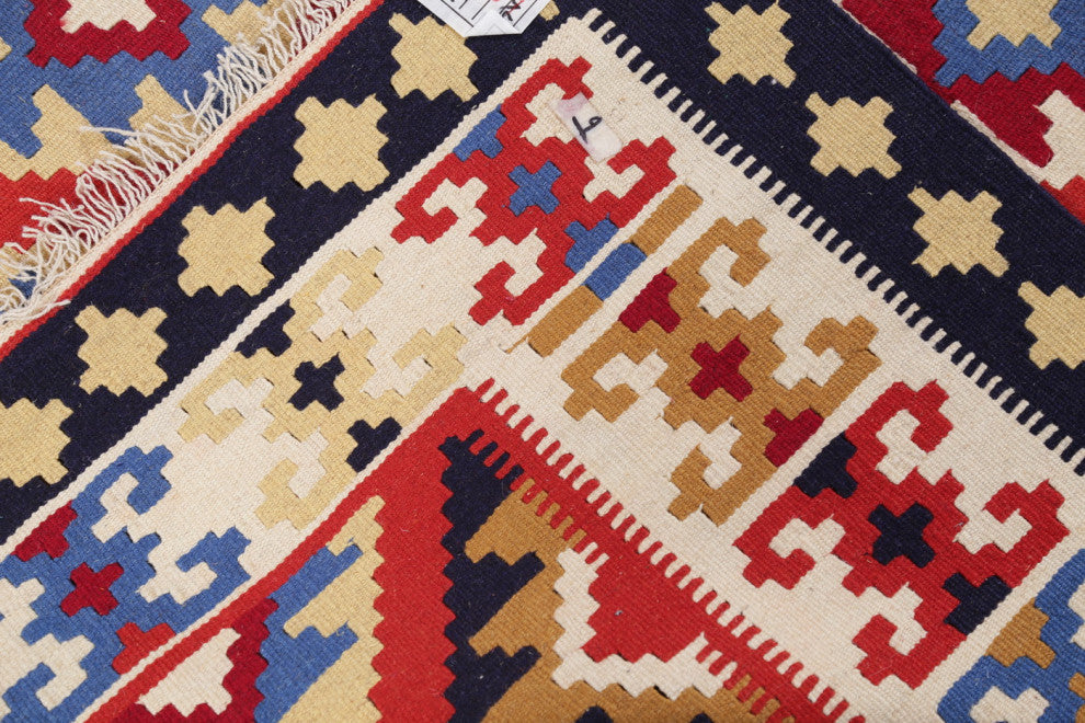 Southwestern Kilim Shiraz Geometric Hand-Woven Wool Oriental Rug, Orange, 5x7
