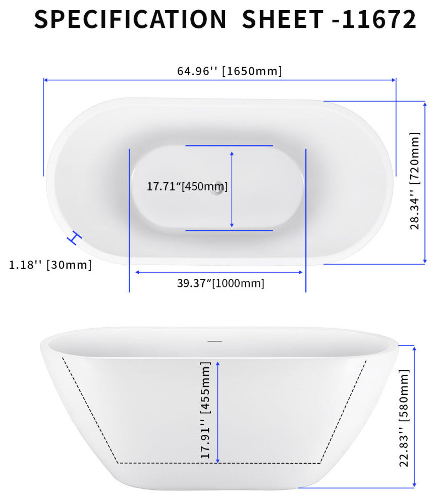 Mokleba 65 In.Acrylic Freestanding Bathtub,Contemporary Soaking Tub,White
