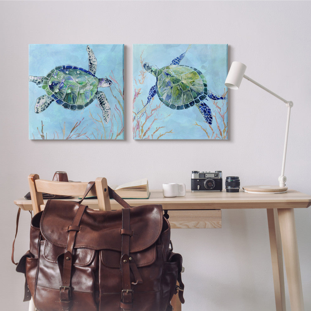 Abstract Blue Green Sea Turtles Deep Sea Coral,24 x 24