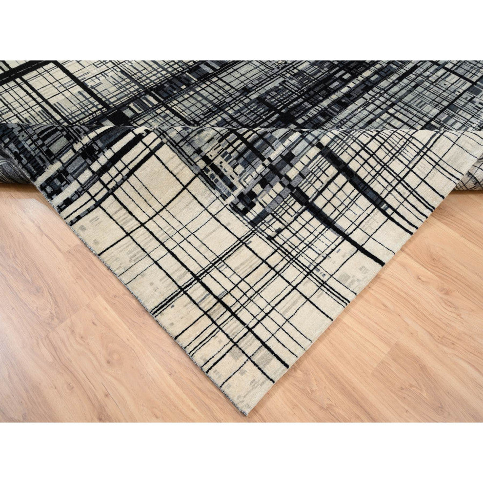 Black, Modern Lines Design, Ghazni Wool, Hand Knotted, Oriental Rug, 8'2" x 9'9"