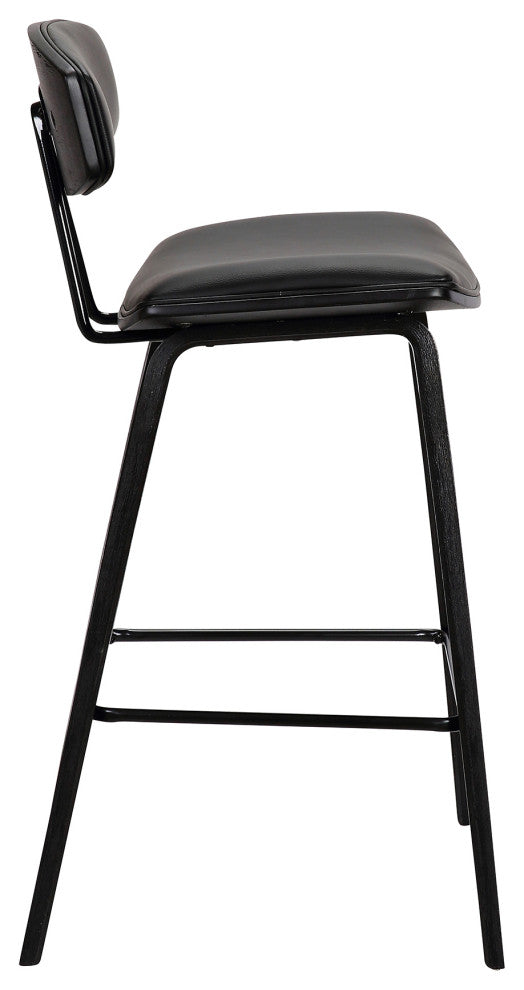Fox 28.5" Mid-Century Bar Height Barstool, Black Faux Leather