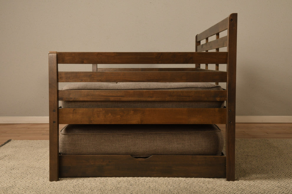 Boho Daybed With Pop Up and Linen Stone Mattresses, Rustic Walnut