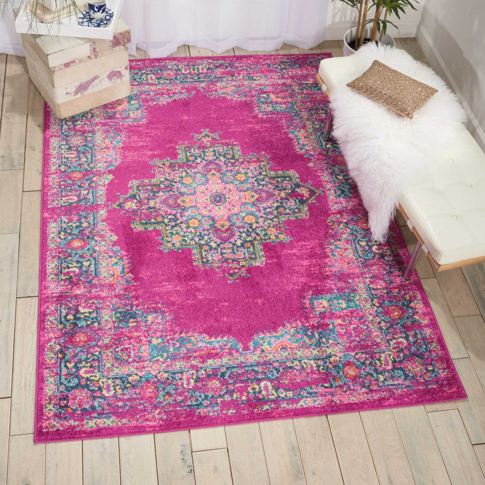 7 x 10 Fuchsia and Blue Distressed Area Rug