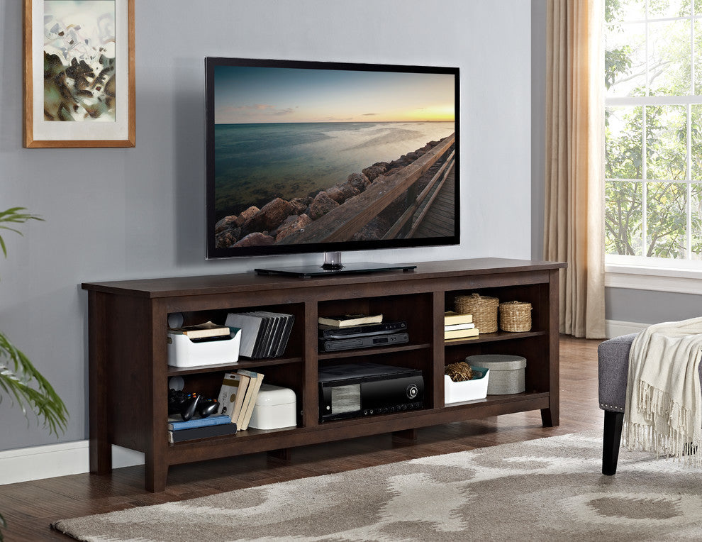 70" Wood Media TV Stand Storage Console, Traditional Brown
