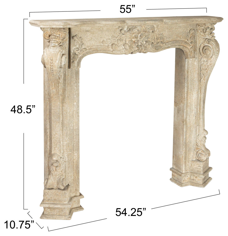 Decorative Wood Fireplace Mantel Ornate, Distressed Cream