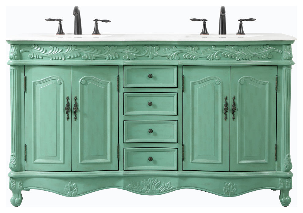 60" Double Bathroom Vanity, with Ivory White Engineered Marble in Vintage Mint