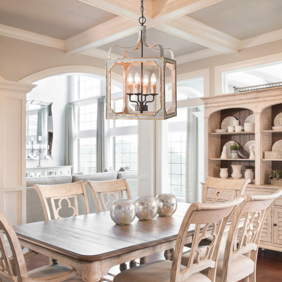 4-Light Lantern Chandelier Square Candelabra Pendant Light, Antique Gray