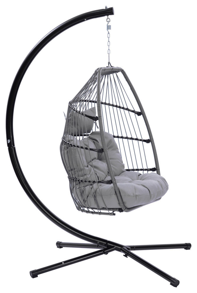 Outdoor Patio Wicker Folding Swing Chair Hanging With Bracket and Cushion Pillow