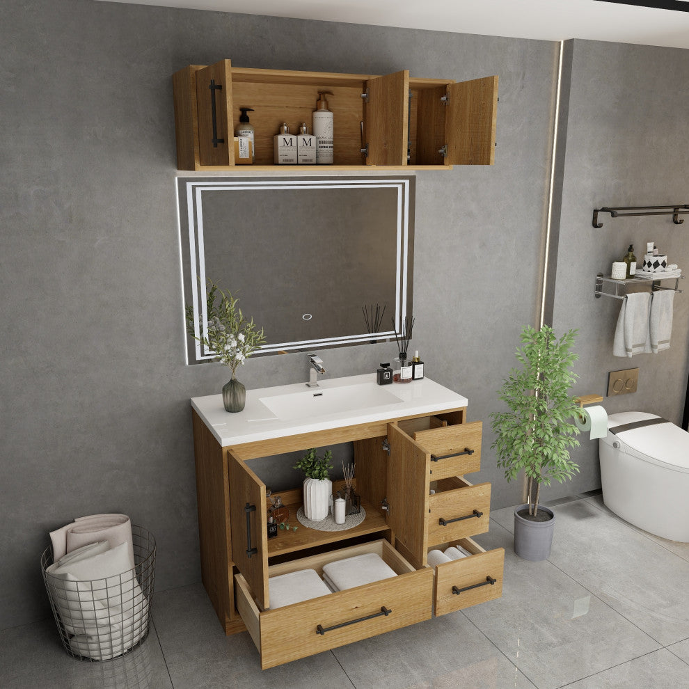 Victoria 42" Solid Wood Bath Vanity, Overhead Cabinet, Oak