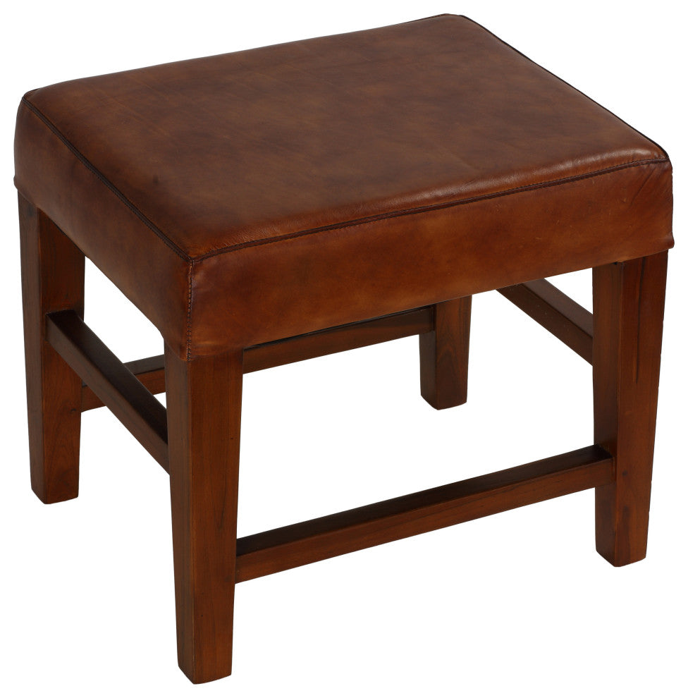 Alvin Genuine Leather Ottoman With Solid Teak Wood Legs, Brown