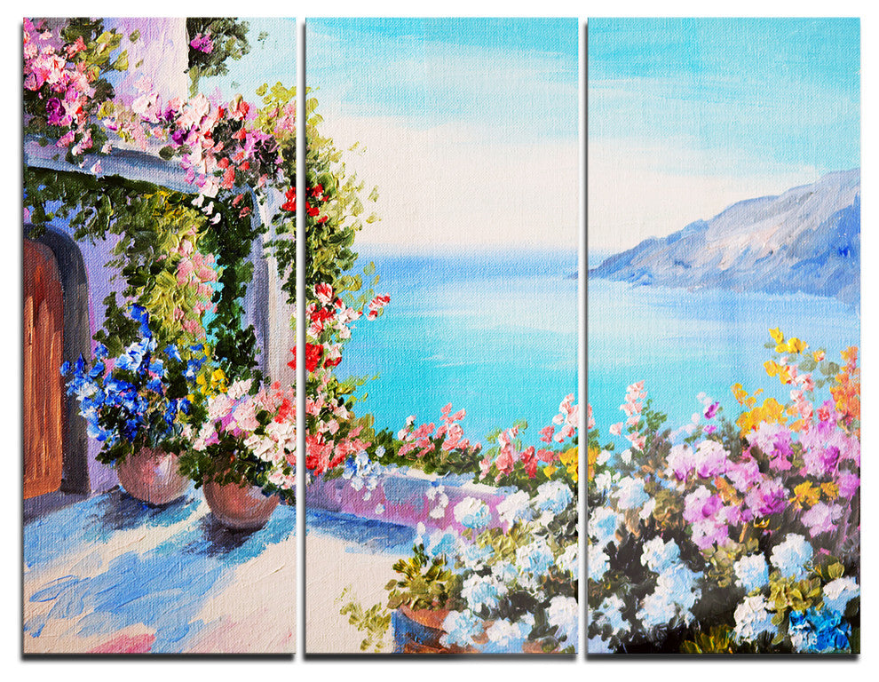 "Sea and Flowers" Glossy Metal Wall Art, 3 Panels, 36"x28"