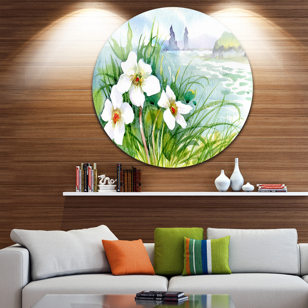 Blooming Flowers On Summer River, Landscape Disc Metal Artwork, 11"