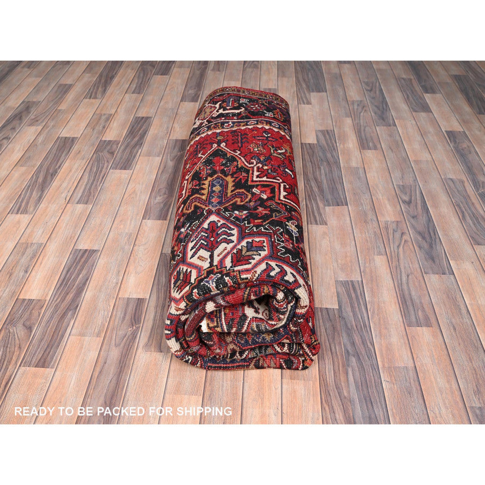 Chili Red Pure Wool Hand Knotted Semi Antique Persian Heriz Rug 8'3"x10'10"