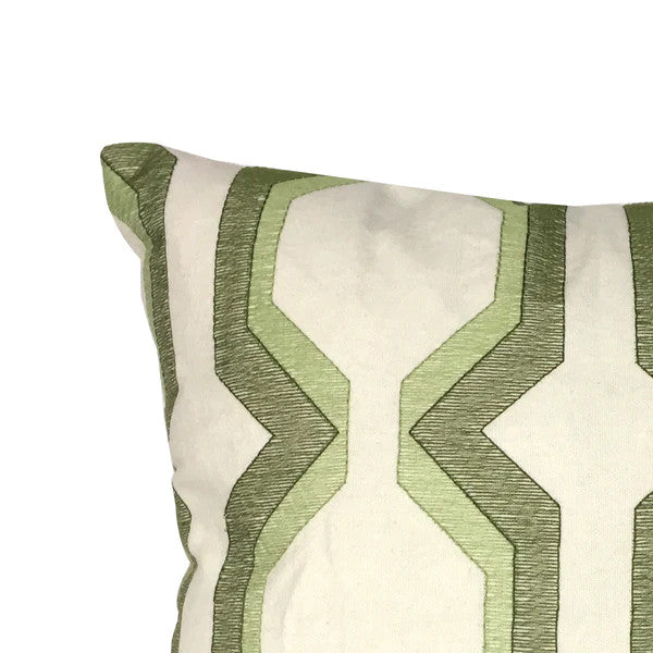 Benzara BM200588 Cotton Pillow with Geometric Embroidery, Green and White