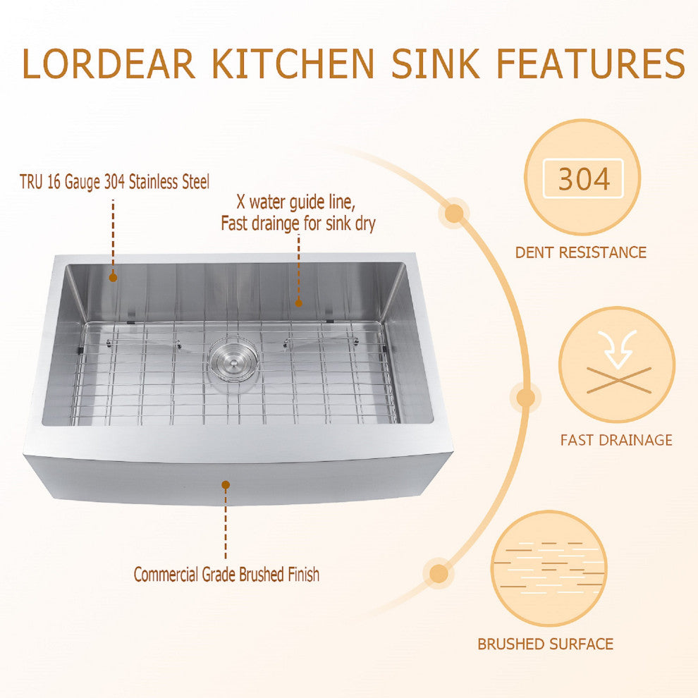 30" Stainless Steel Farmhouse Kitchen Sink 16 Gauge Single-Bowl Sink R10 Corner