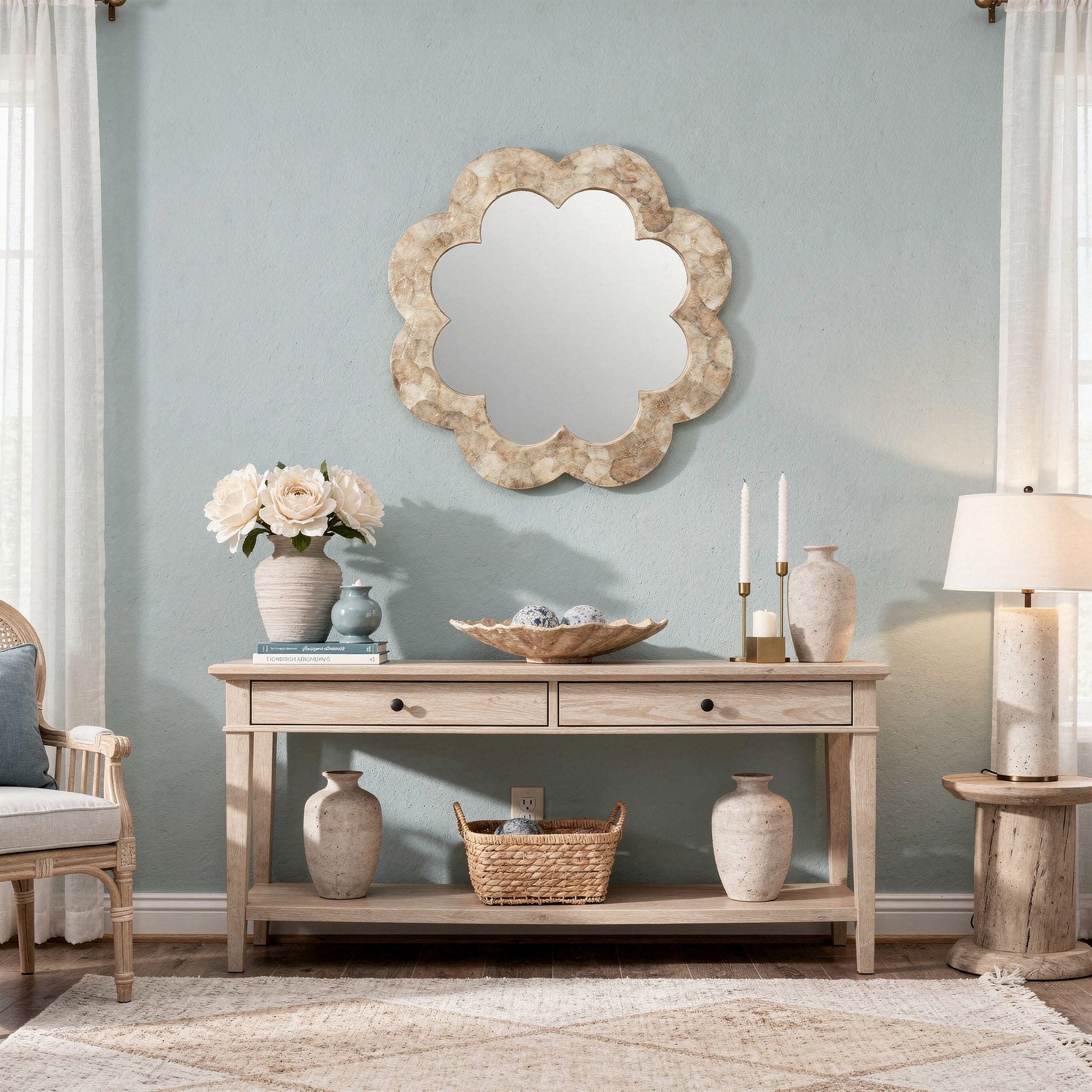 Flower Capiz Seashell Wall Mirror, Gold