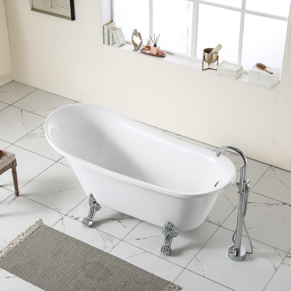 67 in. Acrylic Single Slipper Freestanding Clawfoot Soaking Bathtub in White