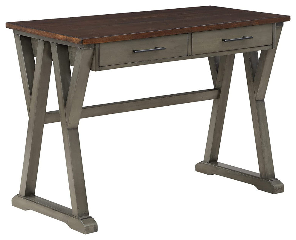 Rustic Desk, Geometric Trestle Base With Rectangle Top and Drawers, Sl