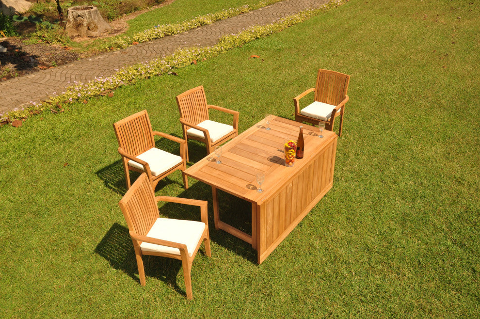 5-Piece Outdoor Teak Set: 60" Square Butterfly Table, 4 Lua Stacking Arm Chairs