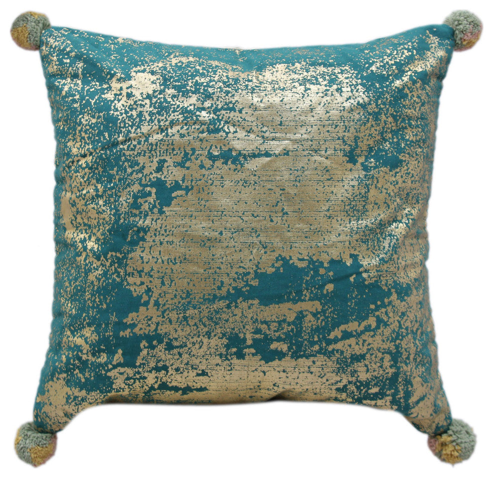 Gold Machine Woven with Pom Poms Willoughby Throw Pillow, 20" x 20"