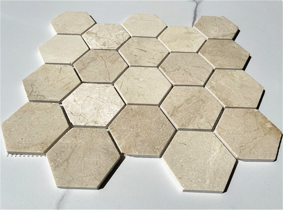 Crema Marfil Marble 3 inch Hexagon Mosaic Tile Polished, 1 sheet