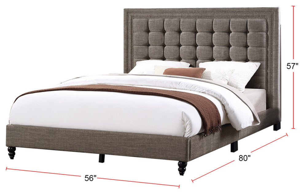 Fabric Upholstered Bed With Button Tufted Headboard, Brown, Full