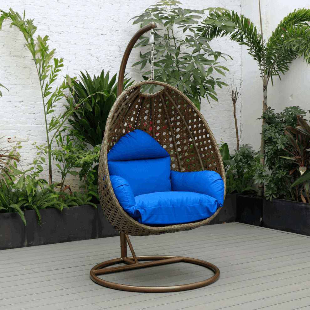 LeisureMod Beige Wicker Hanging Egg Swing Chair With Stand and Cushion, Blue