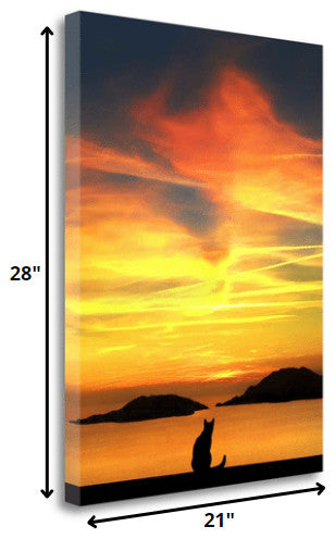 21" Black Cat Watching Sunset 2 Giclee Wrap Canvas Wall Art