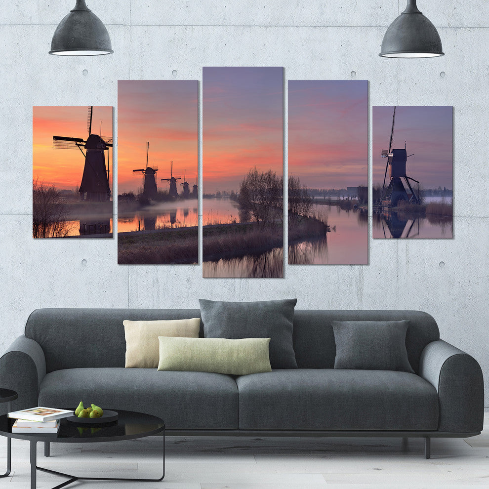 Windmills at Sunrise Panorama, Landscape Canvas Art Print, 60"x32", 5 Panels