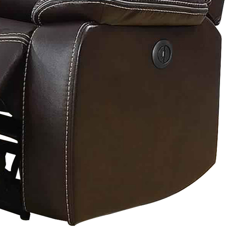 Benzara BM232636 Leather Power Motion Sofa With Contrast Stitching, Dark Brown