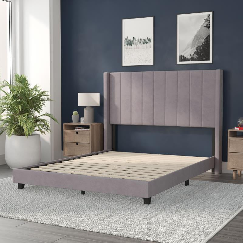 Bianca Upholstered Platform Bed w/Vertical Stitched Wingback Headboard, Gray Velvet, Queen