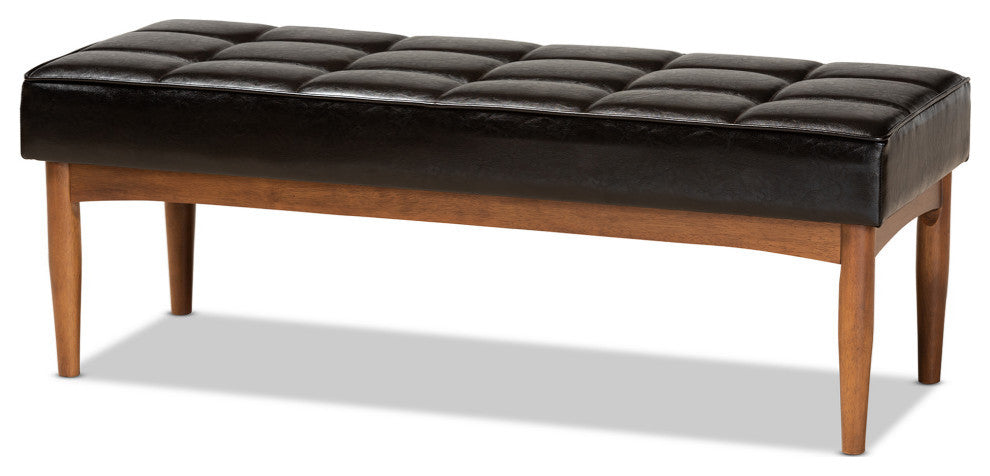 Devin Midcentury Modern Dining Bench, Dark Brown Faux Leather