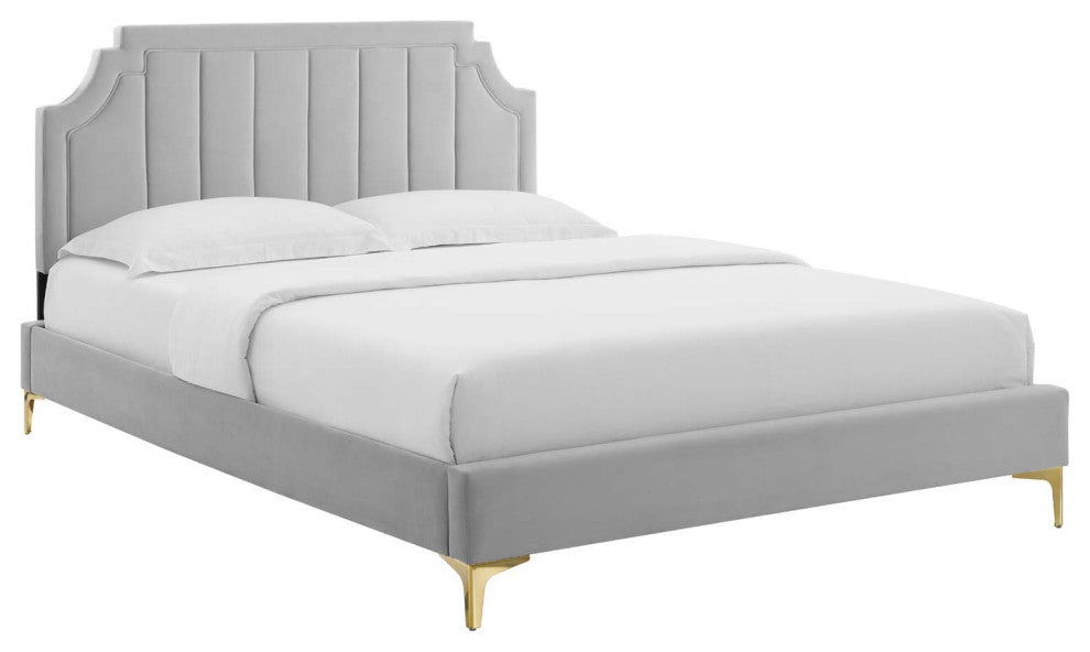 Sienna Performance Velvet Twin Platform Bed, Light Gray