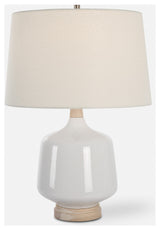 High Gloss White Ceramic Table Lamp 25 in Coastal Farmhouse Casual Wood Organic