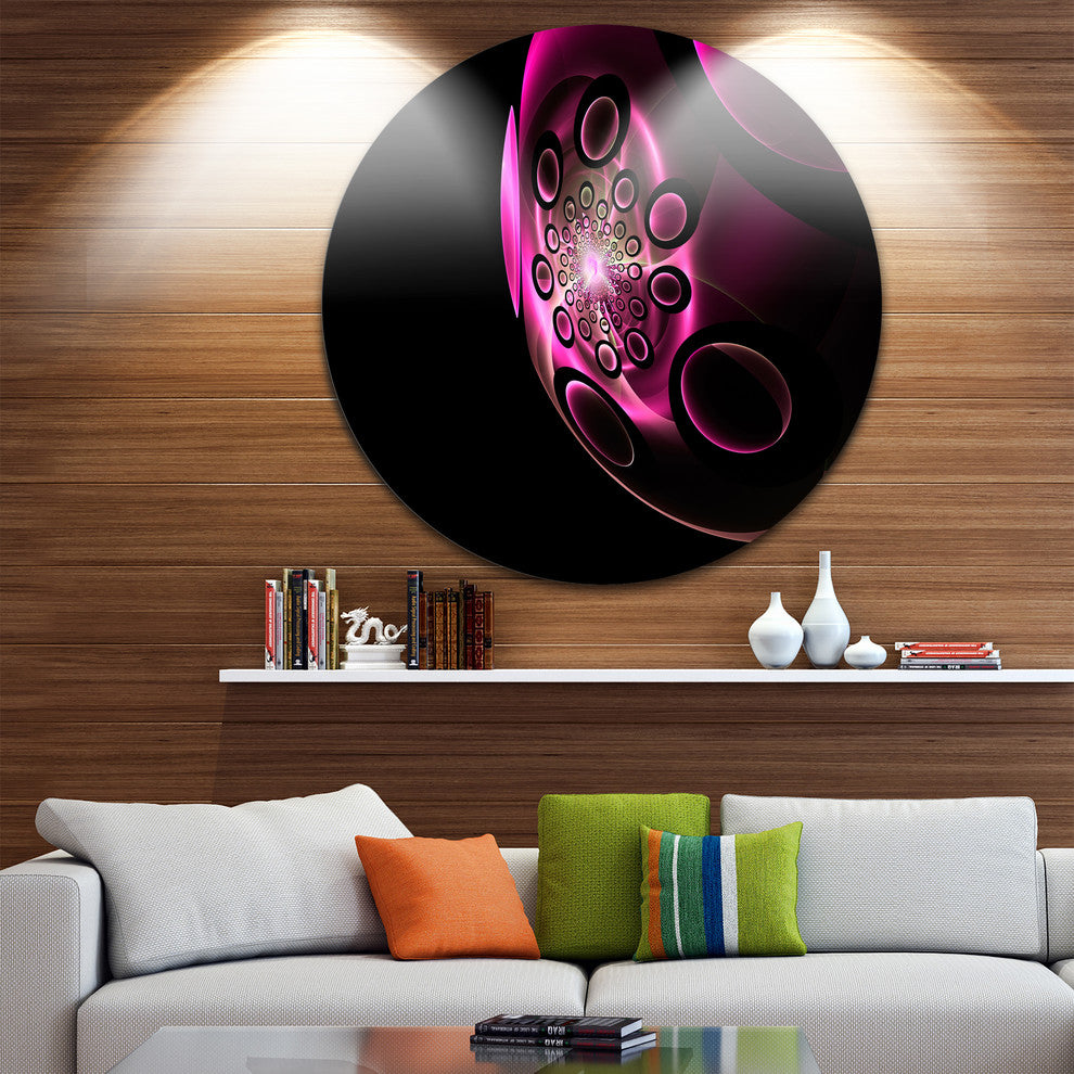 Purple Fractal Sphere In Dark, Floral Abstract Round Metal Artwork, 38"