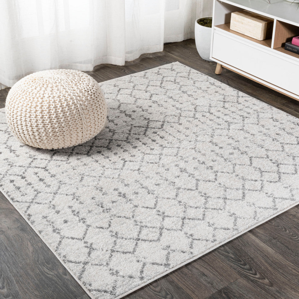 Moroccan HYPE Boho Vintage Diamond Runner Rug, Cream/Gray, 8' Sqaure