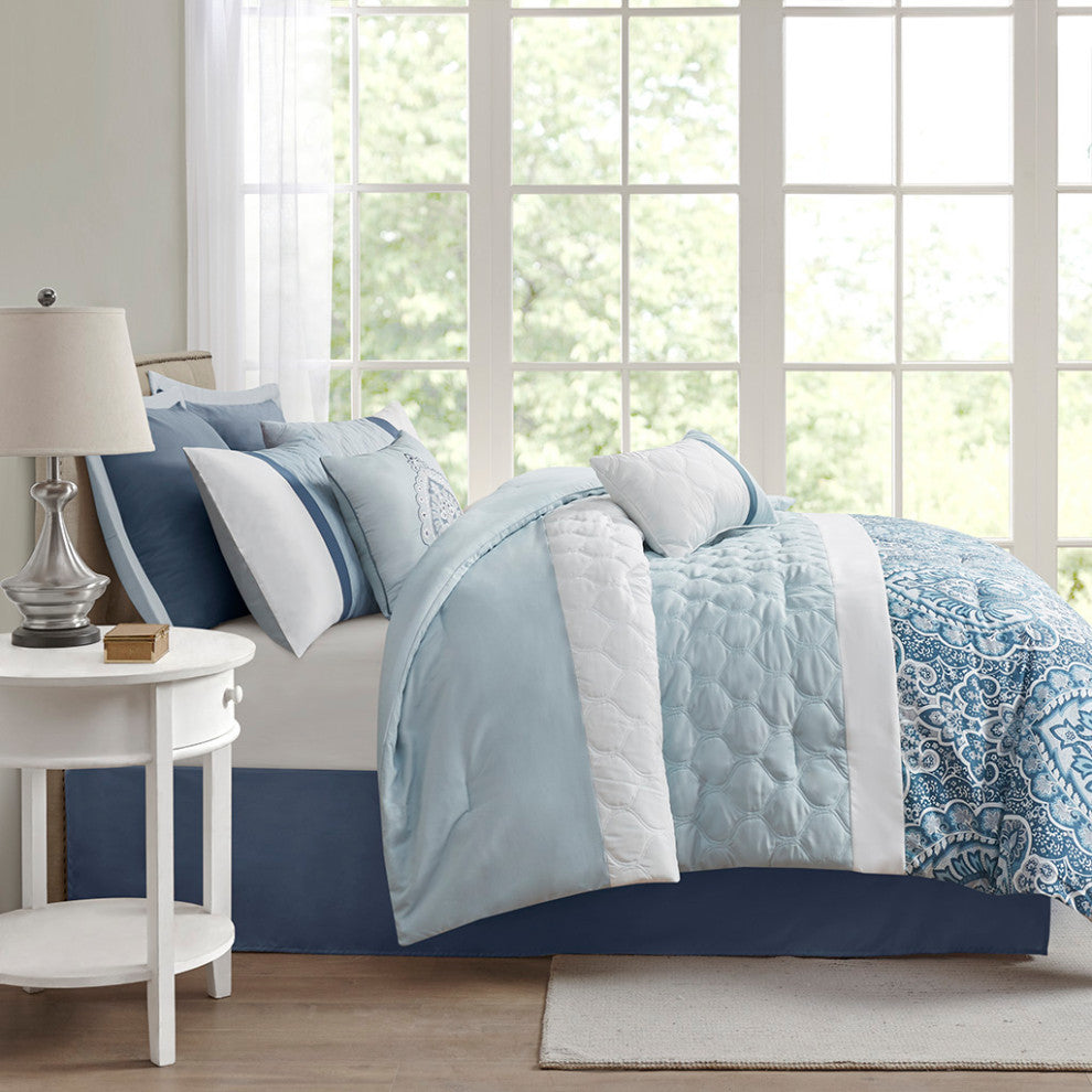 Shawnee Traditional Diamond Quilting 8-Piece Comforter Set, Blue, Queen