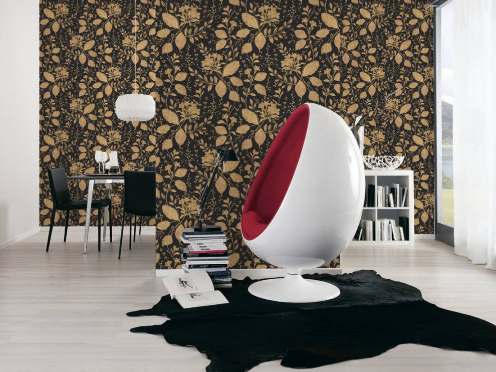 Floral Textured Wallpaper Flowers Leaves Plants, 329863, Black Gray, Sample