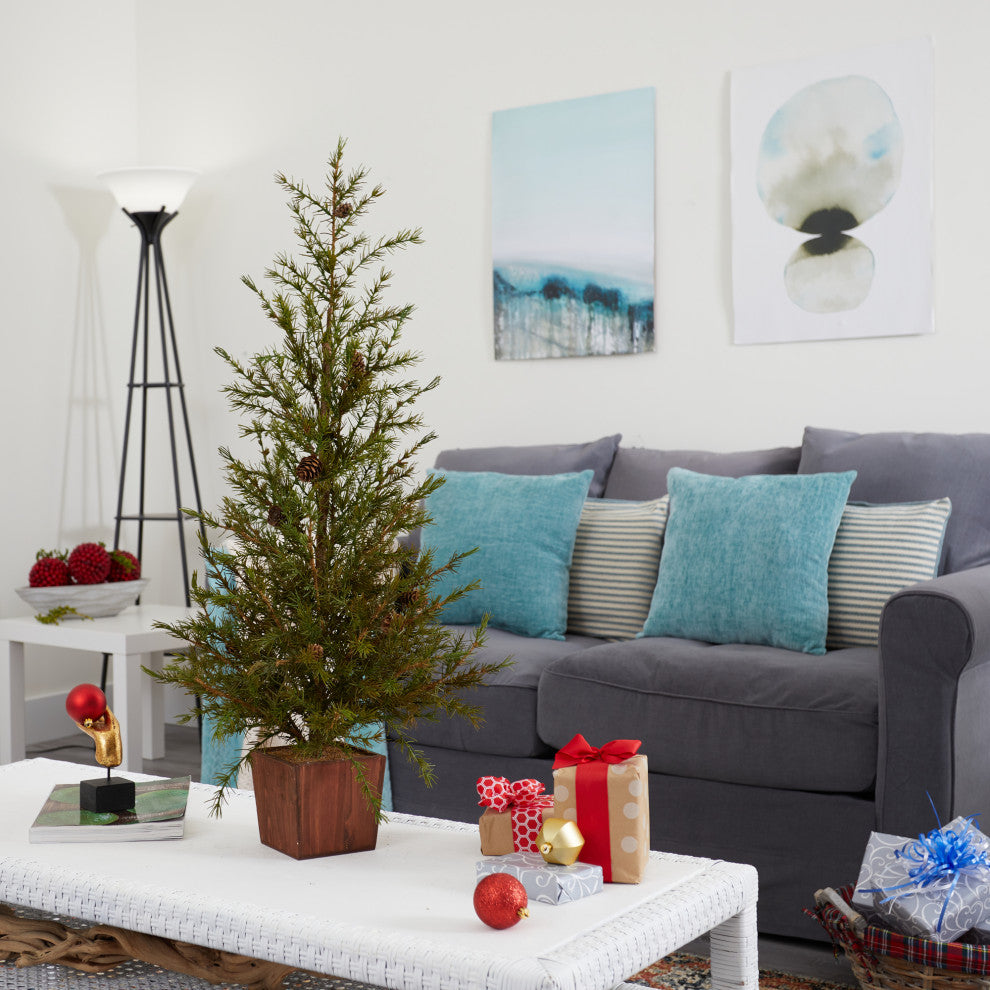 3'' Alpine Natural Look Artificial Christmas Tree, Wood Planter With Pine Cones