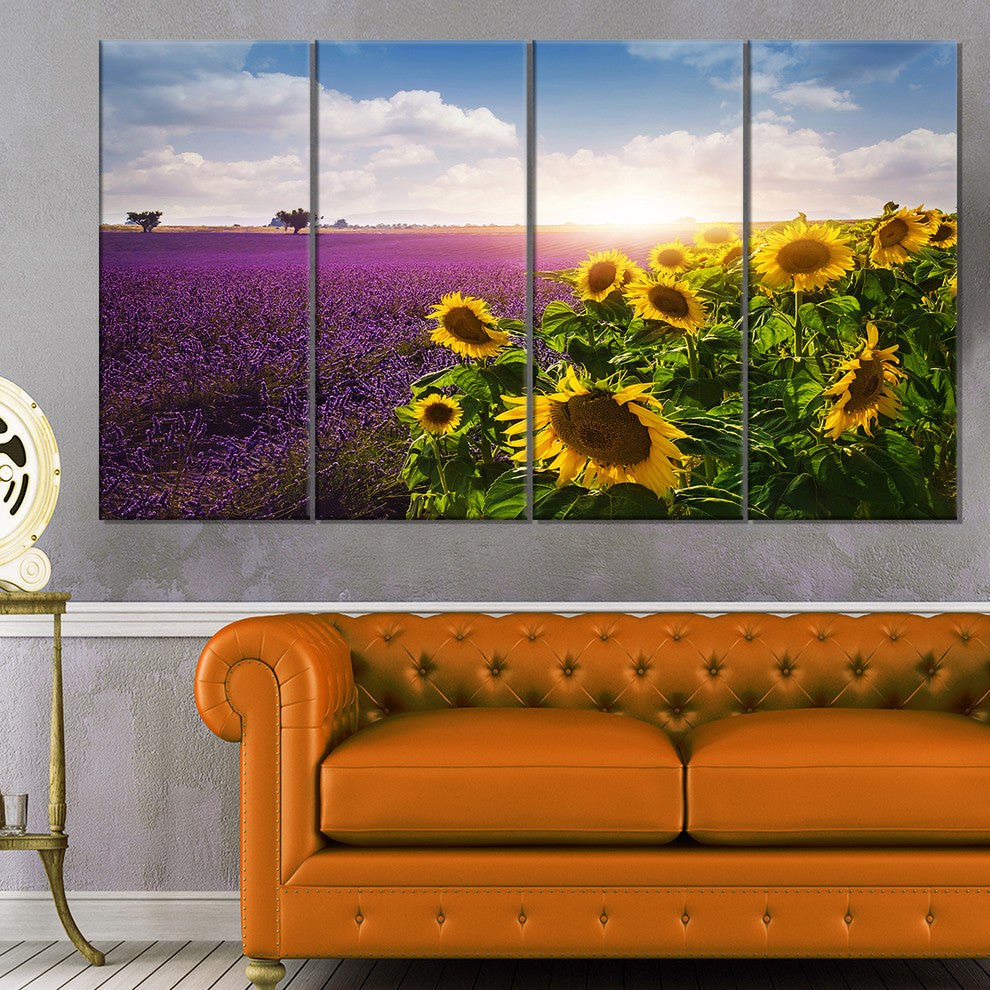 Lavender and Sunflower Fields, Floral Canvas Art Print, 48"x28", 4 Panels