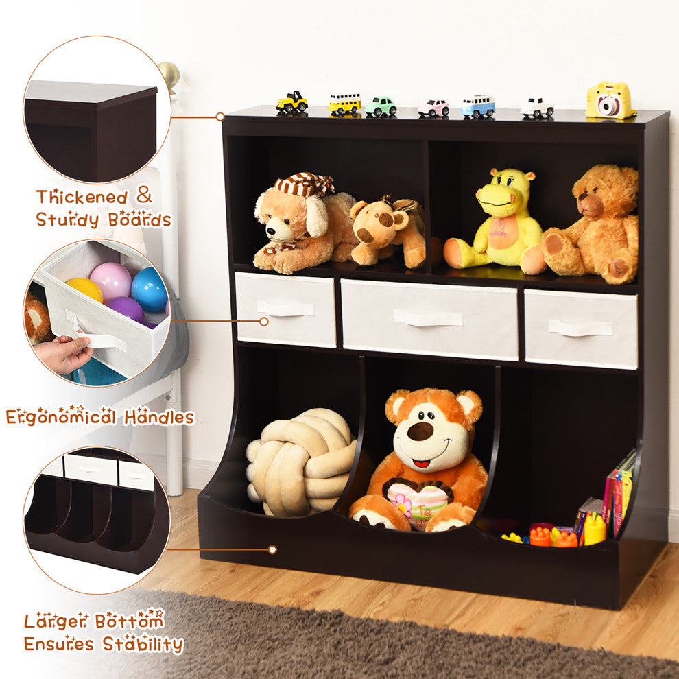 Costway Freestanding Combo Shelf Cubby Bin W/3 Baskets Brown