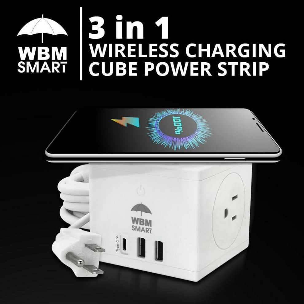 Wireless Charging Station 3, 1 Cube Power Strip 10A With USB Extension Cord