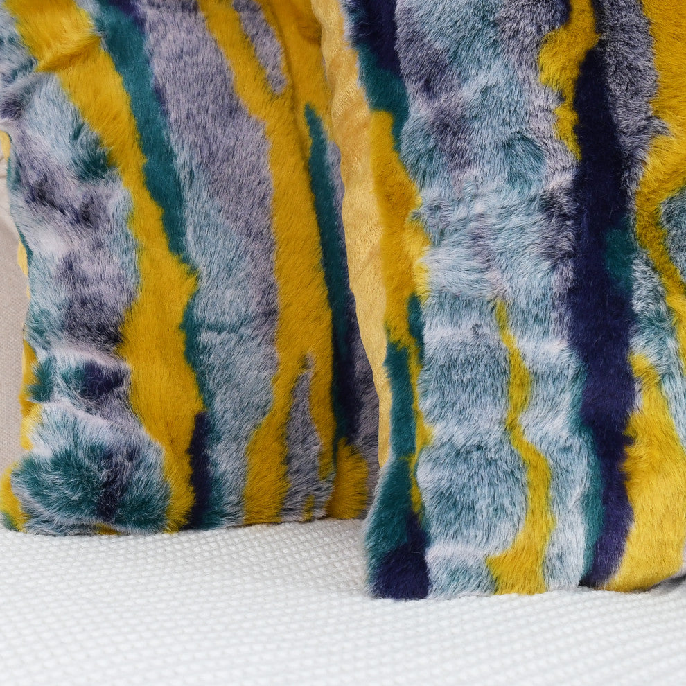 Multi Jacquard Faux Fur Pillow Covers Set of 2, Teal, 26''x26''