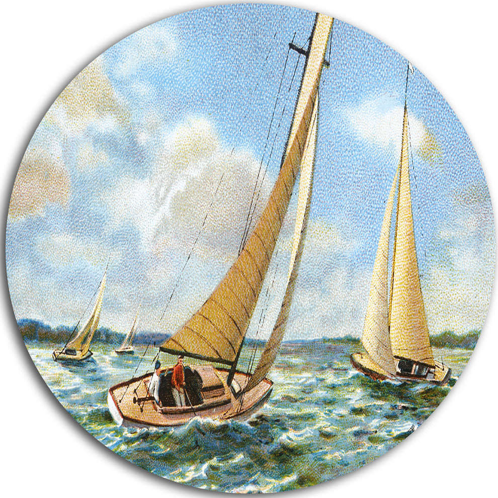 Vintage Boats Sailing, Seascape Painting Disc Metal Wall Art, 11"