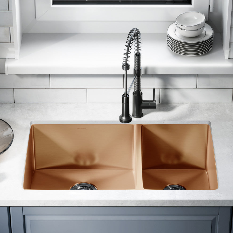 Rivage 33"x20" Stainless Steel, Dual Basin, Undermount Kitchen Sink, Rose Gold